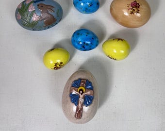 7 Vintage Easter Eggs Religious Bunny Floral Hand Painted Ceramic Decor