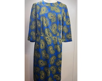 Vtg 60s Paisley Blue Green Women's Medium Knee Puritan Forever Young Dress