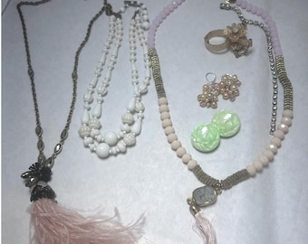 Vtg Jewelry Lot Pink Feather Tassel Necklace Pearl Clip UV Reactive Earrings 6pc