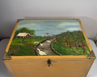 Vintage Tole Hand Painted Wooden Storage Trunk Folk Art Chest Geese Signed 1989