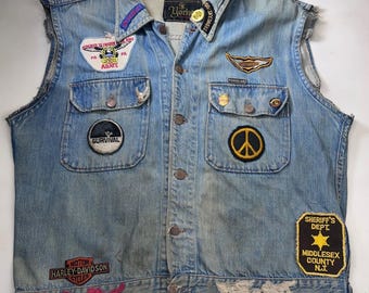 Vintage Harley Davidson Biker Denim Vest Patches Skull Embroidered Pins OOAK