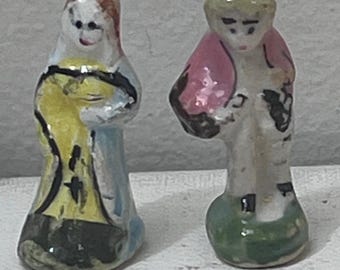 Vintage Hand Painted Ceramic Feves Miniature Figurines Folk Art Couple Set of 2
