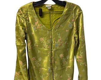Fairycore Bell sleeve Large Green V-Neck Blouse Tiny Flower Ethereal Festival