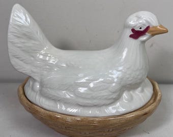 Hen on Nest Egg Box Tureen Vintage Chicken Mid Century Modern Cottagecore