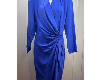 Vintage Oleg Cassini 80s Ruched Faux Wrap Dress Womens 12 Blue Silk Long Sleeve