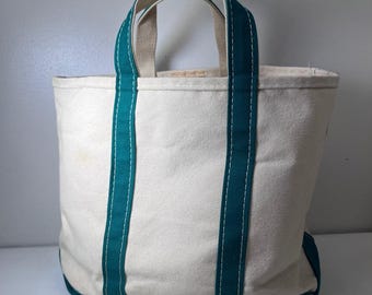 Vtg LL Bean Boat and Tote Bag Green Canvas Medium Made in USA Selvedge Maine