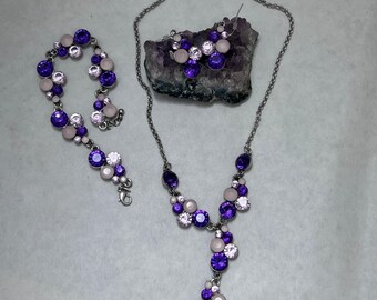 Vtg SHA Purple Pink Crystal Jewelry Set Necklace Bracelet Earrings UV Reactive