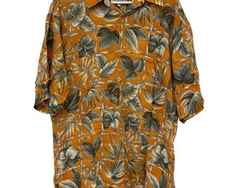 Vtg AOP Plants Monstera Button Up Shirt Orange Mens Large Floral Hawaiian NWT