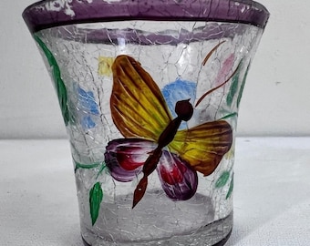 Vintage Butterfly Votive Candle Holder Crackle Glass Purple Rim Floral