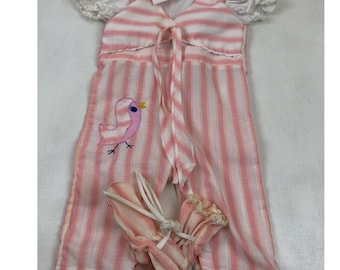 Vtg Pink White Stripe Bird Baby Romper with Mittens (Approx. 3 Months)