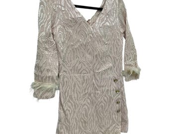 Vtg 60s Feather Cuff Brocade MOD Mini Cocktail Dress Buttons Small MCM Madmen