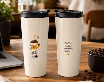 Cute Coffee Lover Tumbler, 15 oz Insulated Stainless Steel Travel Mug, Kawaii Coffee Cup, Funny Gift for Coworker, Teacher