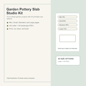 Op de afbeelding: Een Garden Pottery Slab Studio Kit met 10 projecten zonder draaischijf en 40 printbare maatopties. Bevat US Letter en A4 liggende PDF's, een printbaar sjabloonvoorbeeld met vier percentages en instructies om te printen, knippen en bouwen.