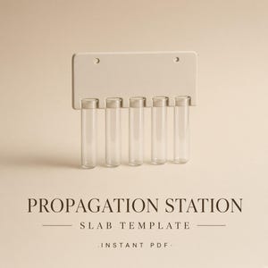 May include: A beige rectangular slab with two circular holes at the top and five vertical slots holding clear glass test tubes. Below the object, the text reads PROPAGATION STATION SLAB TEMPLATE INSTANT PDF in a dark brown serif font.