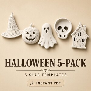 Può includere: Un set di cinque modelli di lastre a tema Halloween color bianco sporco, raffiguranti un cappello da strega, una zucca, un fantasma, un teschio e una casa. Il testo recita HALLOWEEN 5-PACK, 5 SLAB TEMPLATES e INSTANT PDF con icona.
