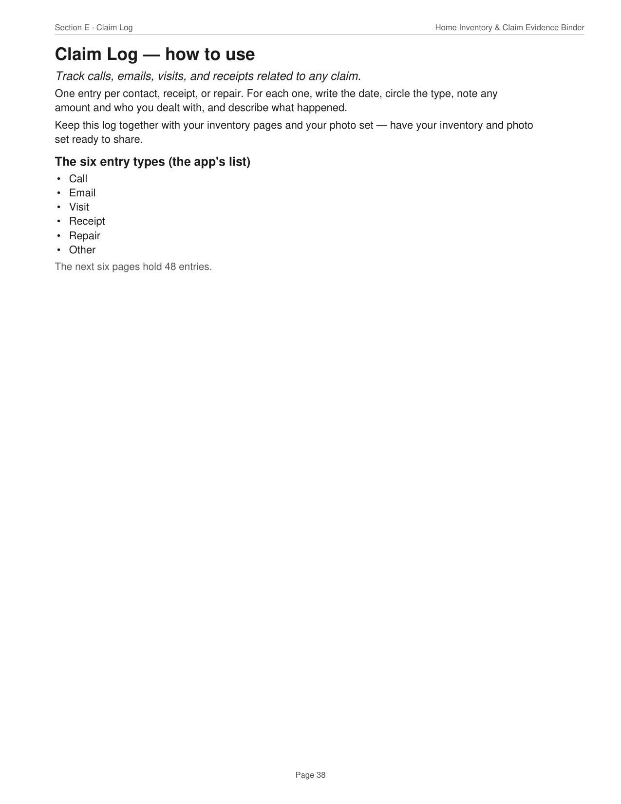 Home Inventory Binder Printable + Fillable PDF — 46 Pages, Claim Log, Photo Room Walk Worksheets, Spreadsheet with App-Matching Columns