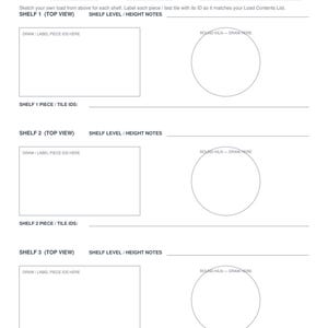 Op de afbeelding: Een witte Kiln Shelf Load Map registratiepagina met secties voor stook-ID, datum en oven. Het bevat drie sets rechthoekige en cirkelvormige diagrammen voor het schetsen van plankindelingen, met lijnen voor het noteren van stuk- en tegel-ID's.