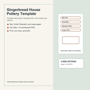 Può includere: Un modello di ceramica stampabile per una casa di pan di zenzero con quattro opzioni di dimensioni pre-scalate: Mini 76%, Small 88%, Standard 100% e Large 112%. Il documento include PDF in formato US Letter e A4 per stampare e ritagliare.
