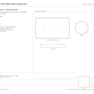 Puede incluir: Un kit de estudio de cerámica Seasonal Gift Slab para una linterna de calabaza. Incluye formas de guía de corte para un panel de pared, un disco base y una tira de borde. Contiene instrucciones de montaje, notas y cajas de escala de 1 pulgada y 2 cm.