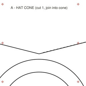 Może przedstawiać: Biały szablon papierowy z etykietą Tile 5 of 9, A - HAT CONE (cut 1, join into cone). Zawiera czarne zakrzywione linie, czerwone znaczniki rejestracyjne w kształcie krzyżyków oraz instrukcje drukowania w 100% i nakładania sąsiadów o 1,27 cm.
