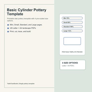 Pode incluir: Um documento digital intitulado Basic Cylinder Pottery Template apresentando quatro opções de tamanho pré-escalonadas: Mini 76%, Small 88%, Standard 100% e Large 112%. O documento inclui instruções para impressão em formato A4.