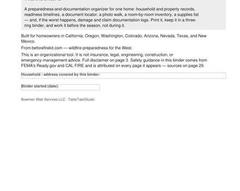 Wildfire Preparedness Binder | Home Inventory, Defensible Space Record, Evacuation Plan, Claim Log | Printable + Fillable PDF, 30 Pages
