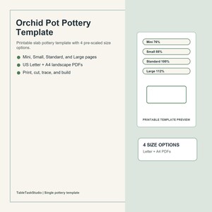 Op de afbeelding: Een digitaal document getiteld Orchid Pot Pottery Template met instructies voor aardewerk met vier vooraf geschaalde maatopties, waaronder Mini 76%, Small 88%, Standard 100% en Large 112%, beschikbaar in US Letter en A4 landschap PDF-formaten.