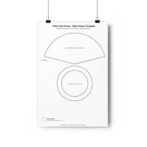 May include: A white paper slab pottery template for a witch hat planter. The document features black line drawings of a cone shape labeled A, a brim labeled B, and a circular base labeled C. It includes the text Witch Hat Planter - Slab Pottery Template and a 1 inch scale check square.
