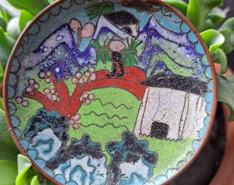 Vintage Chinese Cloisonné Plate, Blue Garden Scene, Enamel Ware Over Copper
