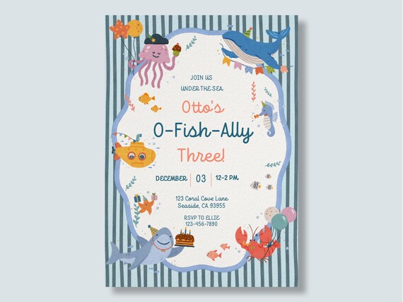 Under the Sea Birthday Invitation, Ocean Party Invite, O-Fish-Ally Birthday, Editable Canva Template, Sea Animal Invitation WPS603