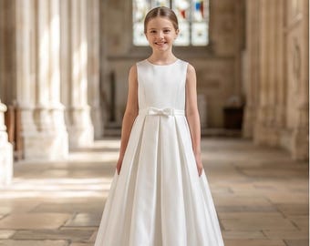 White Satin Flower Girl Dress | First Communion, Wedding, Formal Occasion