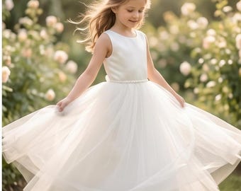 White Flower Girl Dress, First Communion Dress, Pearl Waist Dress, Girls Wedding Dress, Tulle Communion Dress, Junior Bridesmaid