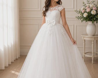 Girls White Pearl Tulle Communion Dress – Elegant Lace Cap Sleeves, Satin Bow Back