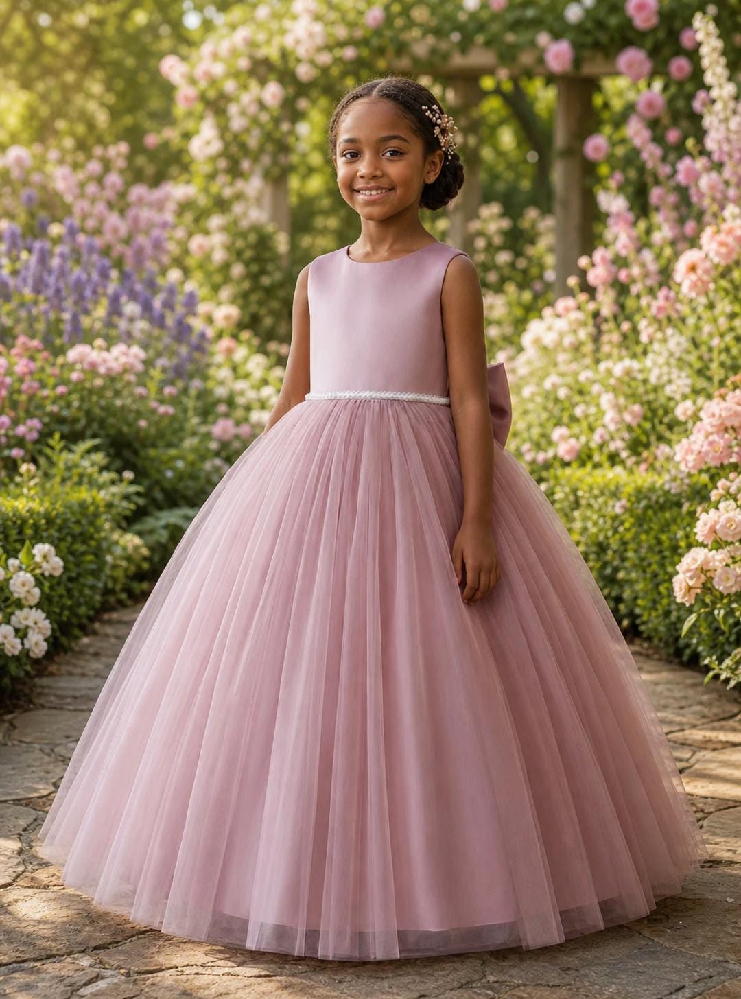 Tulle Flower Girl Dress, Pearl Waist, Satin Bodice, Elegant Wedding Communion Dress