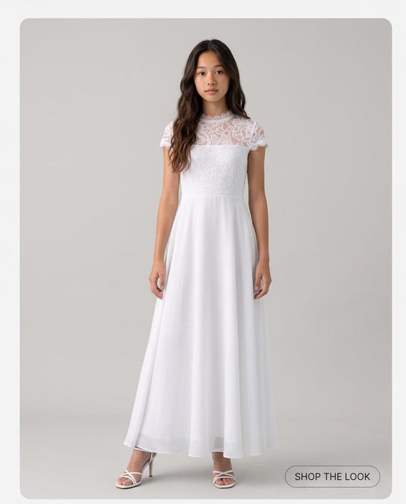 Girls White Lace Communion Dress | Elegant Chiffon Gown, Flower Girl, Junior Bridesmaid Gown