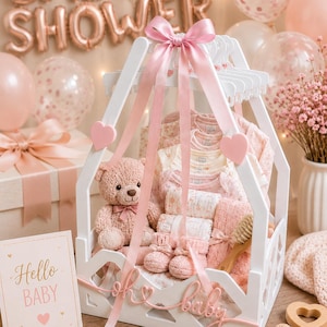 Puede incluir: Un expositor de madera blanca con forma de casa que contiene artículos para bebé, como un osito de peluche rosa, bodies estampados plegados, patucos de punto y un cepillo de madera. El expositor está decorado con una cinta rosa y el texto oh baby.