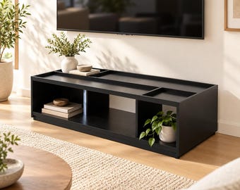 Black Open Shelf Media Console, Modern Low TV Stand, Minimalist Living Room Storage