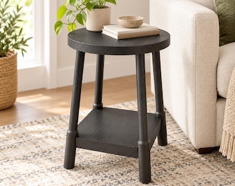 Black Round Side Table with Lower Shelf, Modern Minimalist End Table