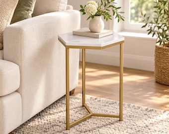 Hexagon White Stone Side Table, Gold Metal Accent Table, Modern Compact End Table
