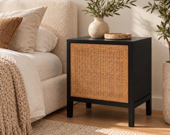 Black Rattan Nightstand, Cane Door Bedside Cabinet, Modern Boho Side Table