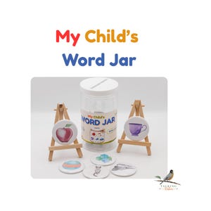 May include: A clear plastic jar with a white lid featuring a slot, labeled My Child's Word Jar. Two small wooden easels display circular tokens with illustrations of an apple and a teacup. Additional tokens show a cat, blocks, and shapes.
