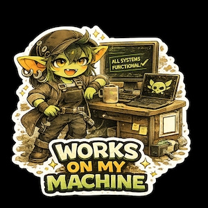 May include: A sticker featuring a green-skinned character with large ears and dark hair wearing a cap and overalls, standing by a desk with a computer displaying "ALL SYSTEMS FUNCTIONAL." and a laptop. The text "WORKS ON MY MACHINE" is below.