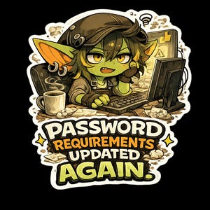 May include: A sticker featuring a green-skinned character with large ears and dark hair wearing a cap, sitting at a computer desk with a coffee mug. The text reads PASSWORD REQUIREMENTS UPDATED AGAIN in bold white and orange lettering on a dark background.