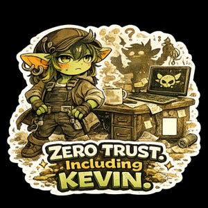 Zero Trust, Including Kevin | Funny IT Sticker | Ari the IT Goblin | Geek Gift | Patch & Panic