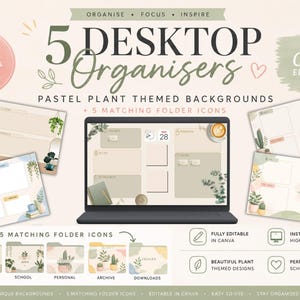 May include: A digital set of 5 desktop organizers with pastel plant-themed backgrounds and 5 matching folder icons. The design is editable in Canva and features various layouts for organization, including text labels like Work, School, Personal, Archive, and Downloads.