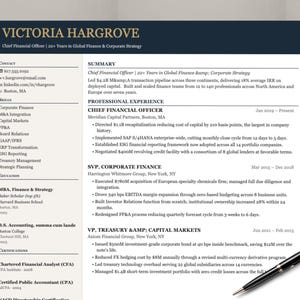 May include: A professional CV template for Victoria Hargrove, Chief Financial Officer, featuring a dark blue header, white background, and black text. The document includes sections for contact, skills, education, and experience, with a black pen.