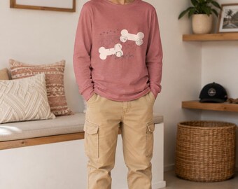 抽象的なパステルフェイス柄のユース向け長袖Tシャツ | ミニマルなラインアート