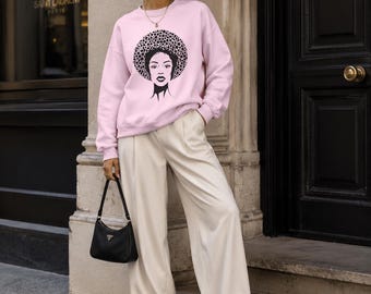 Felpa con ritratto grafico, arte di donna afro, girocollo unisex, stile streetwear