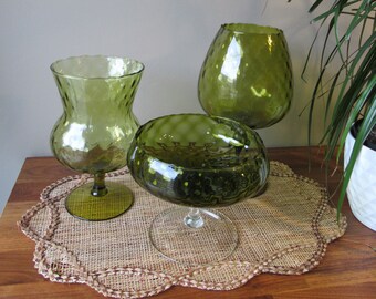 Vintage Art Glass Pedestal Jars, Empoli Glass, Collectible Mid Century Modern Art Glass, Olive Green Glass Decor