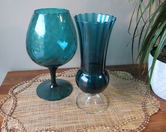 Vintage Collectable Empoli Glass, Teal Glass Decor, Mid Century Modern Art Glass, Pedestal Candy Jar and Vase